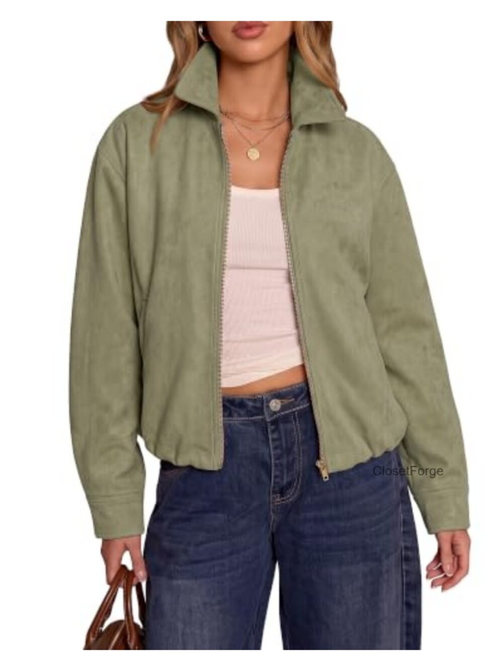 Faux Suede Cropped Jacket Women Oversized Zip Fall Coat